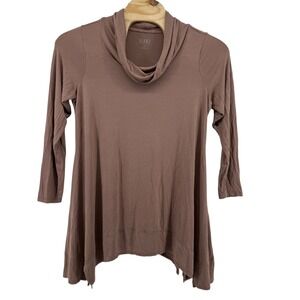 LOGO by Lori Goldstein 1X Taupe Cowl Neck Asymmetrical Hem 3/4 Sleeve Tunic Top